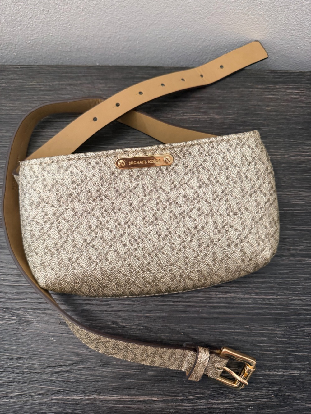 Michael Kors Gold Logo-Print Belt Bag with Tan Strap